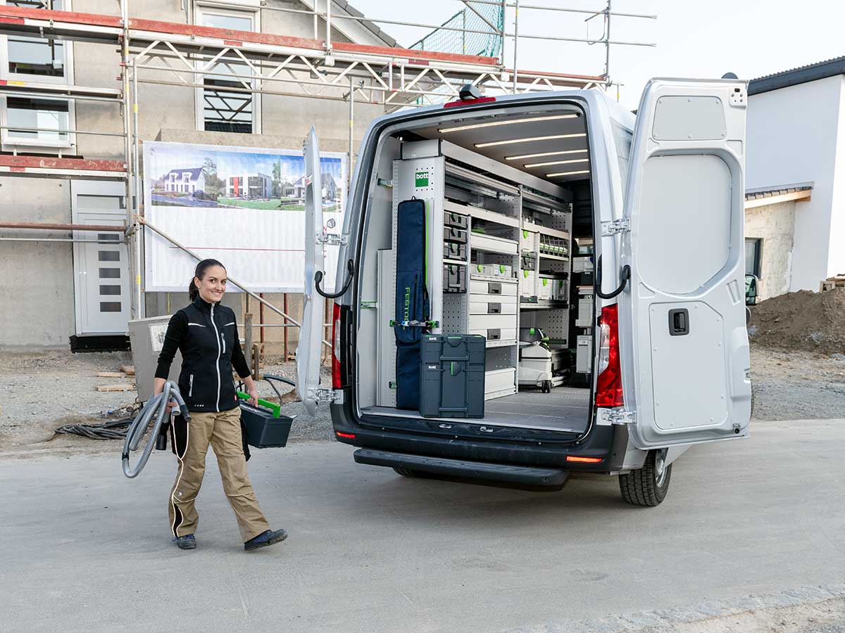 Fordonsutrustning för hantverkare, vy stor transportör för snickare